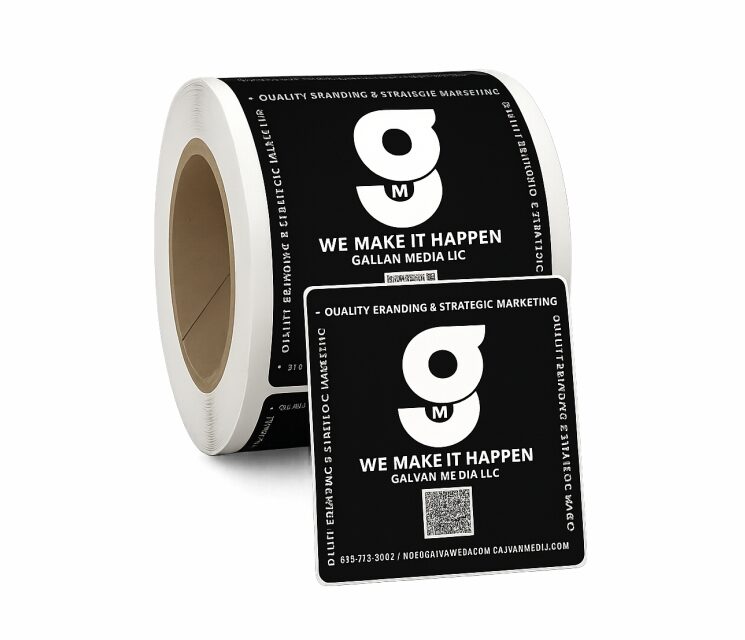 Roll of waterproof square stickers printed on white BOPP with bold, colorful designs and sharp corners.