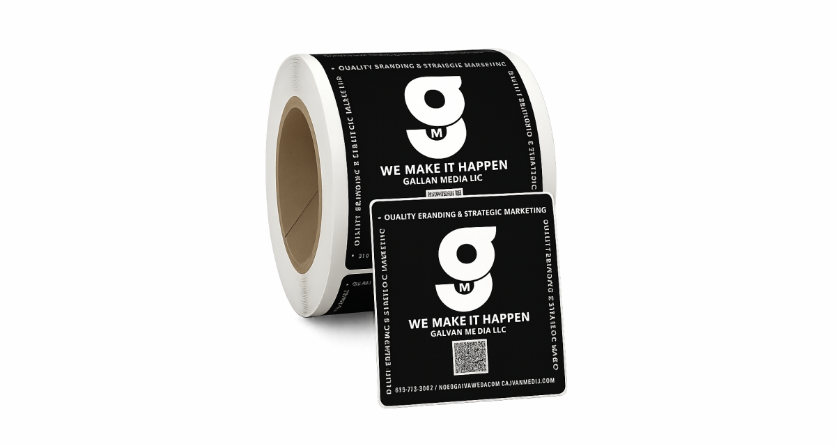 Roll of waterproof square stickers printed on white BOPP with bold, colorful designs and sharp corners.