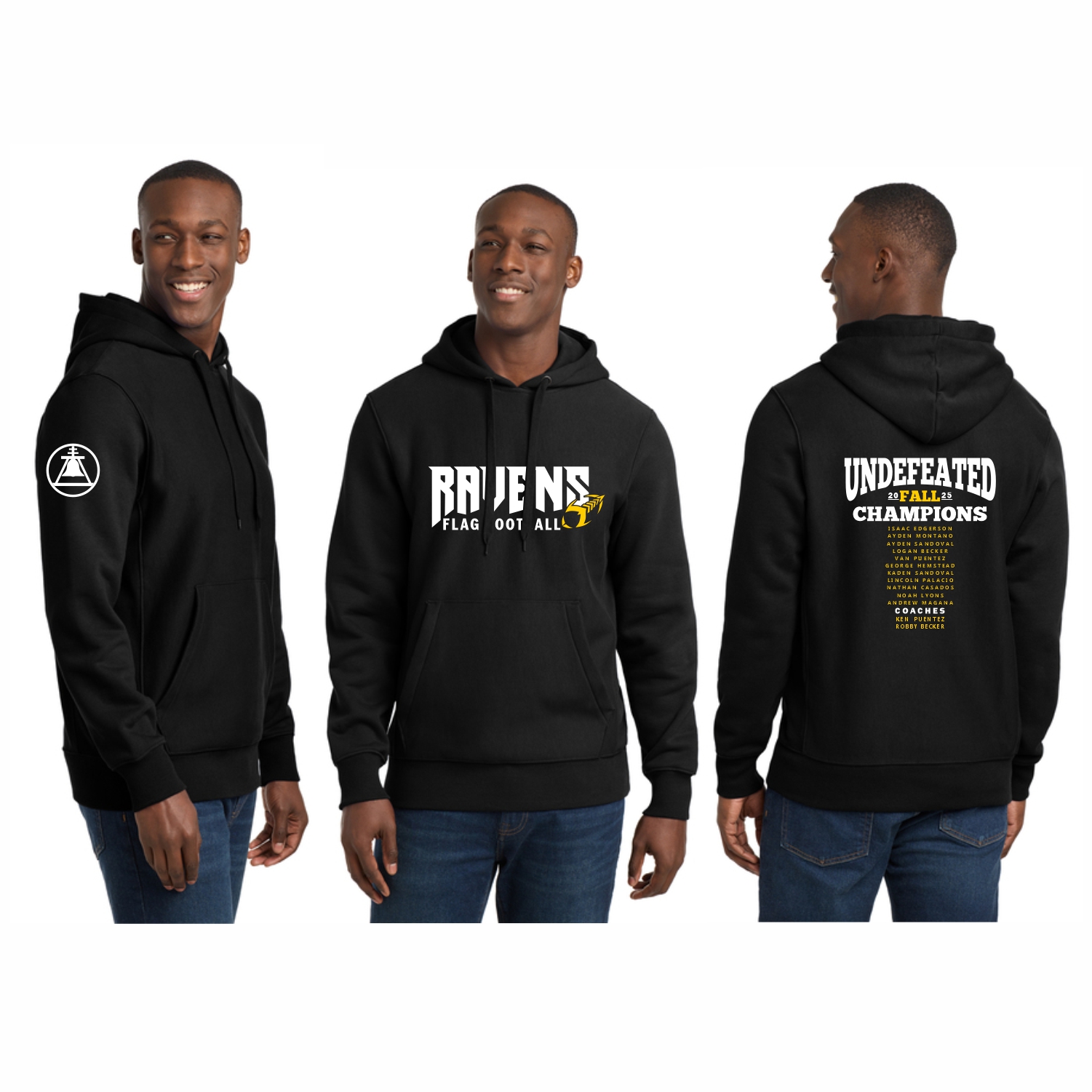 Parents wearing Ravens Flag Football hoodies