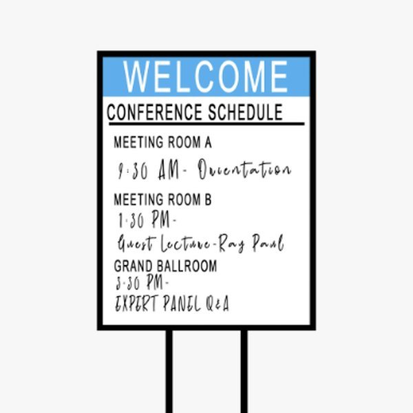 Conference schedule sign on a stand