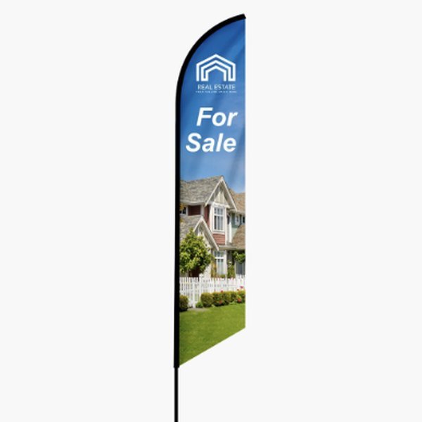 Angled feather flag advertising a home for sale