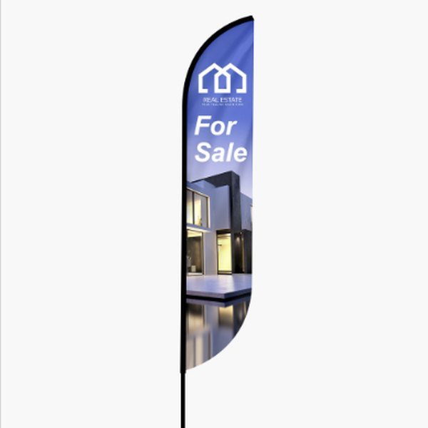 Convex feather flag advertising a home for sale