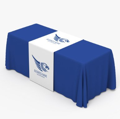 Printed table runner over a blue throw