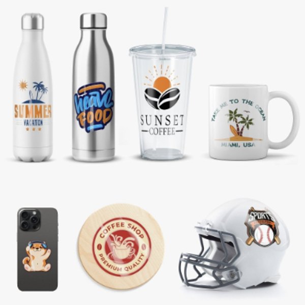 Tumblers, mugs and a helmet with UV DTF stickers