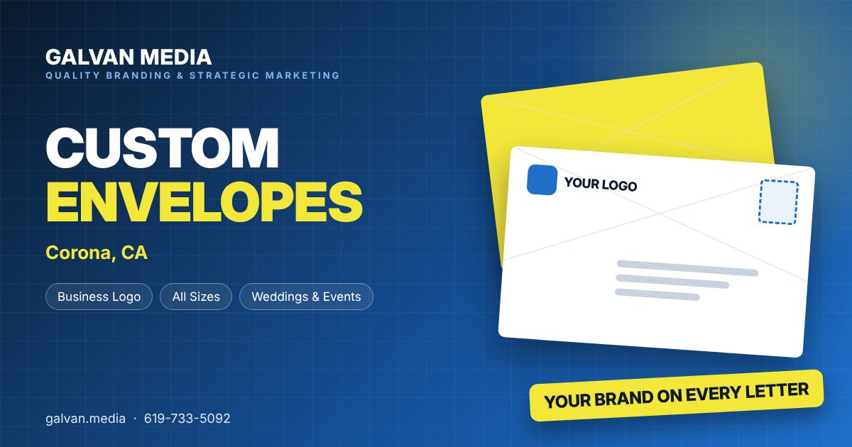 Custom envelopes Corona CA, personalized envelope printing with business logo by Galvan Media