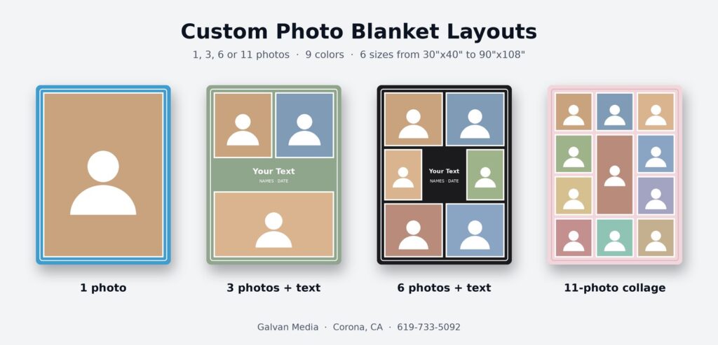 Custom photo blankets layouts: 1 photo, 3 photos with text, 6 photos with text and an 11-photo collage