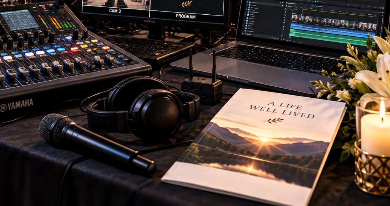 Funeral livestream audio mixer, cameras and memorial program